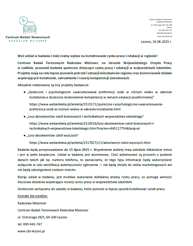 Zdjęcie artykułu Informacja o badaniu społecznym zleconym przez Wojewódzki Urząd Pracy w Lublinie